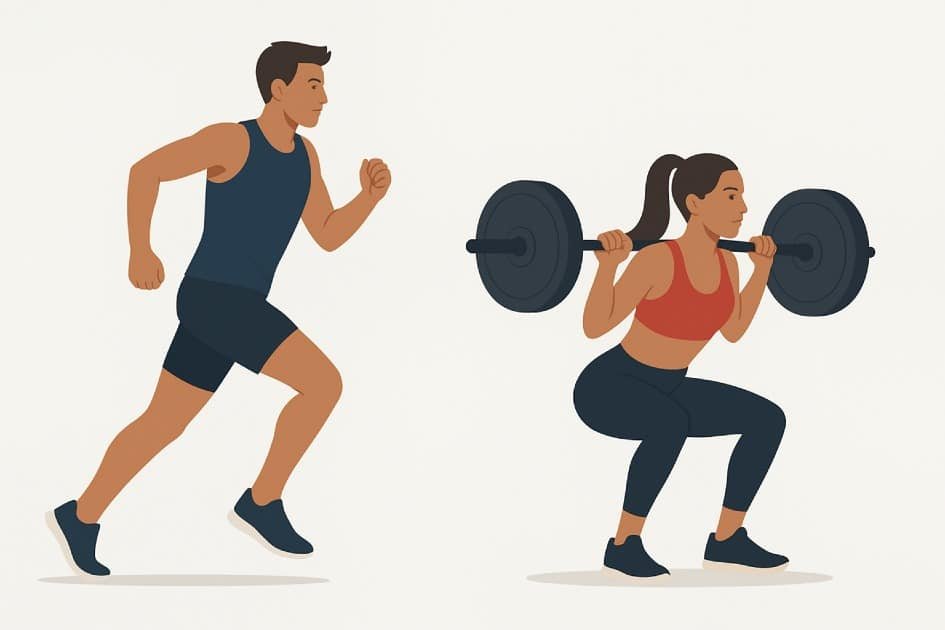 Two athletes training—one running, one lifting weights—illustrating cardio and strength balance for optimal fitness.