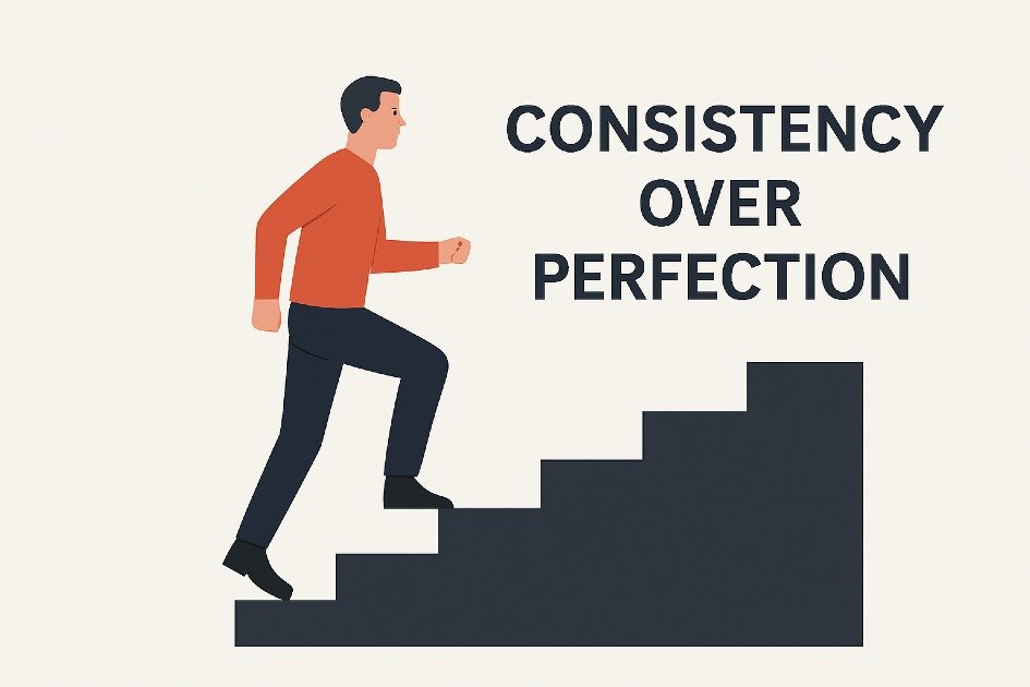 Person climbing stairs steadily, symbolizing consistent progress over perfection