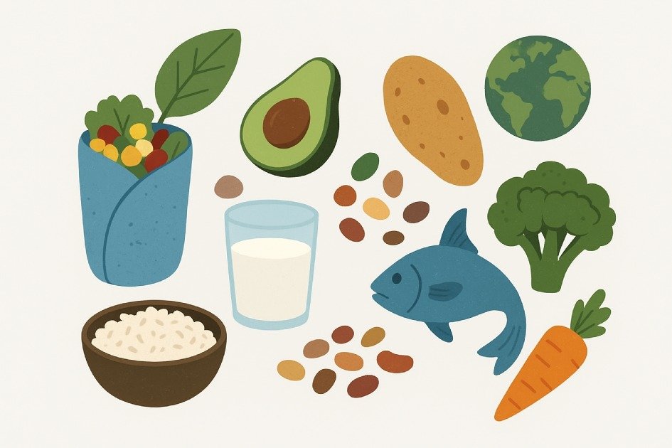 Diverse foods representing cultural traditions and environmental sustainability influencing nutrition choices