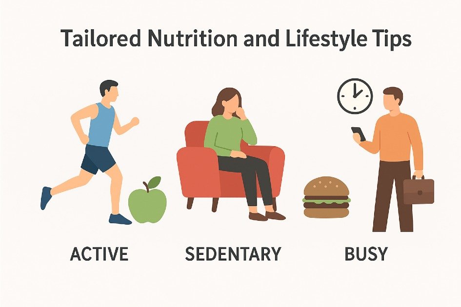 Tailored nutrition and lifestyle tips for active, sedentary, and busy individuals