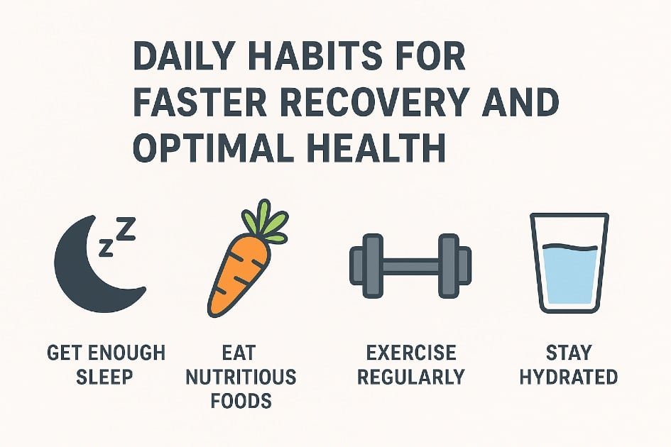 Daily habits for faster recovery and improved health, featuring nutrition, exercise, and rest.