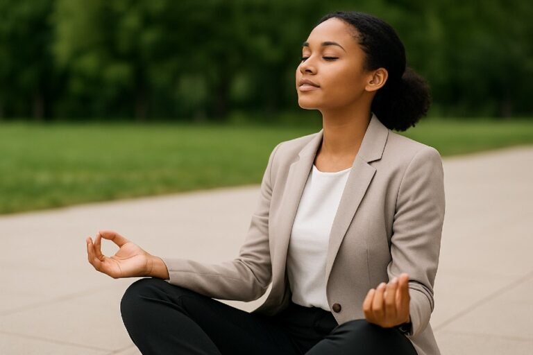 Young professional enjoying mental clarity outdoors by practicing digital detox and mindfulness.