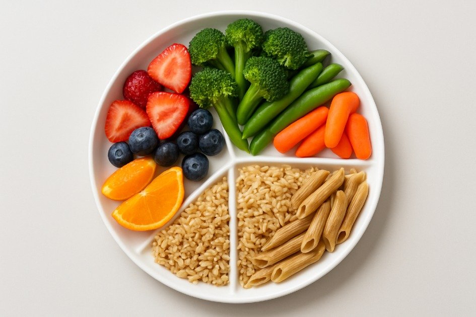Balanced plate of fruits, vegetables, and whole grains representing healthy eating habits for lifelong wellness