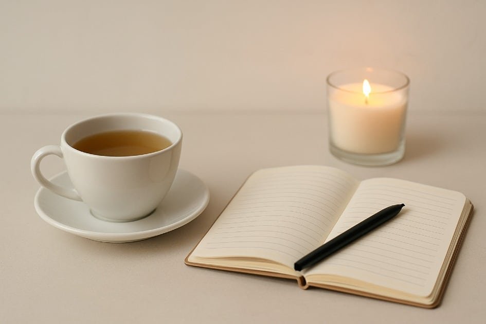 Calm evening routine with relaxing tea and journal for a peaceful mind.