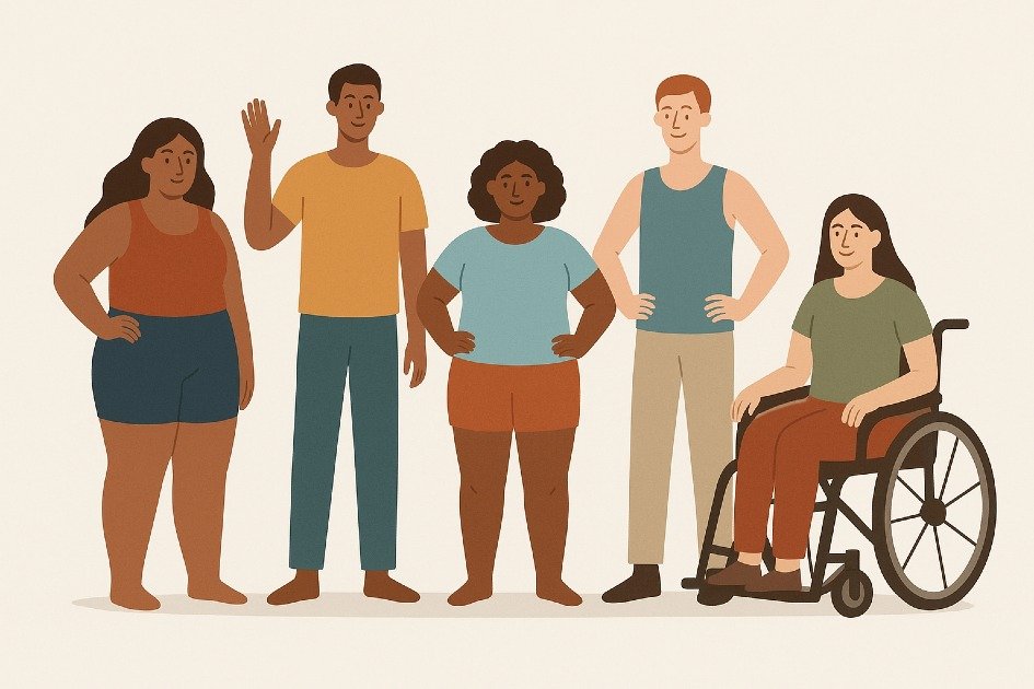 Illustration showing diverse human bodies with different shapes, sizes, and abilities, emphasizing individuality and health.