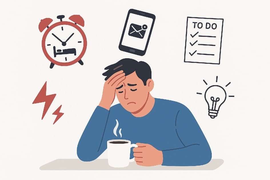 Person stressed at morning coffee with daily routines causing anxiety