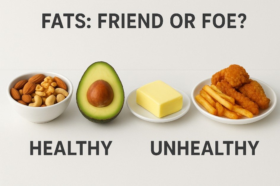 Healthy and unhealthy fats in food, showing nuts, avocado, butter, and fried foods