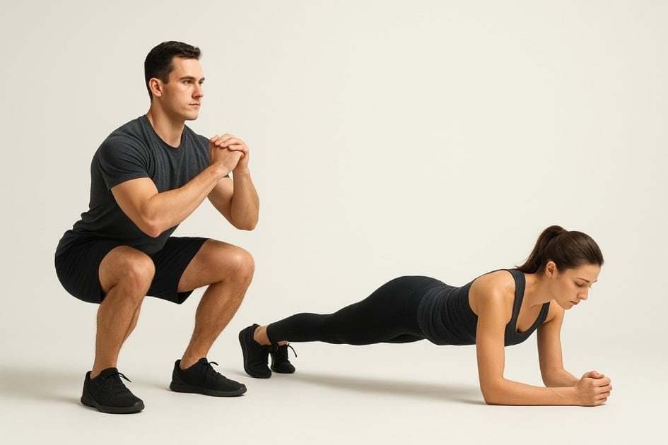 Strong man and woman performing foundational fitness exercises symbolizing strength pillars