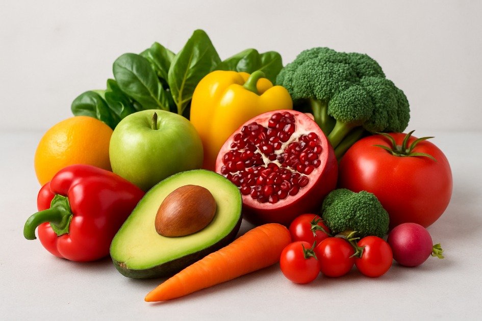 Colorful assortment of fresh fruits and vegetables rich in vitamins and minerals, promoting health and vitality