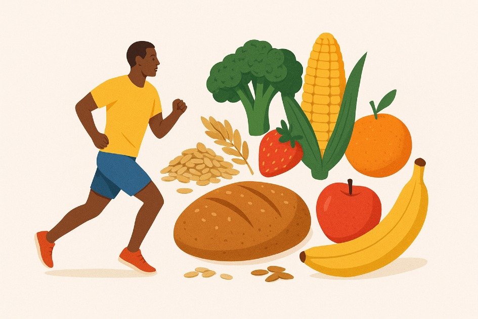 Healthy carbohydrates sources like whole grains, fruits, and vegetables fueling an active lifestyle