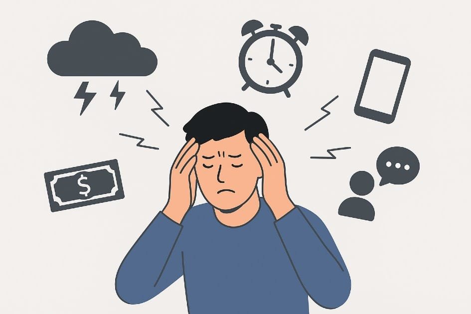 Person overwhelmed by unseen stress triggers in daily life