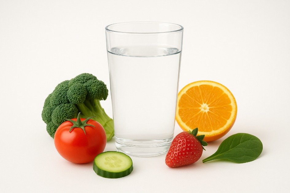 Glass of water with fresh fruits and vegetables highlighting the importance of daily hydration for health
