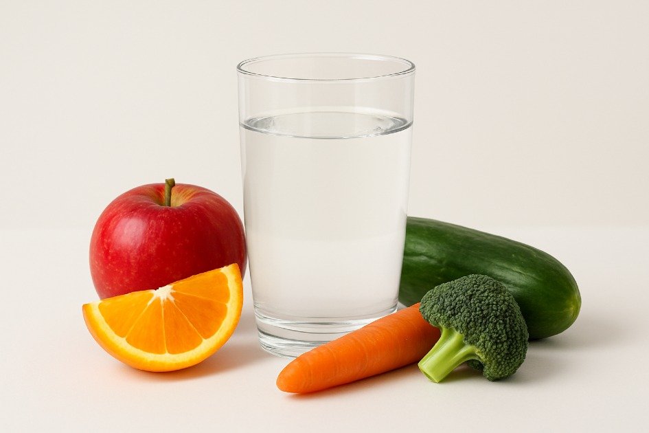 Glass of water with fresh fruits and vegetables illustrating the role of hydration in healthy eating.