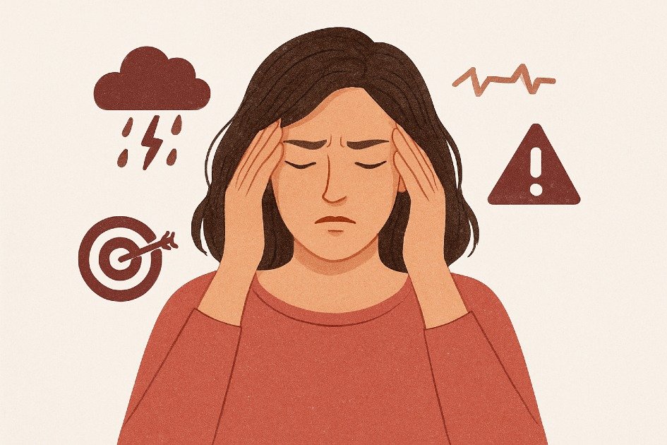 Woman holding her head, visualizing internal stress triggers and emotional tension
