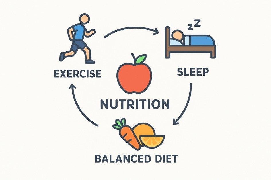 Healthy lifestyle choices influencing nutrition: exercise, sleep, and balanced diet.