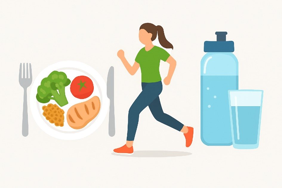 Healthy lifestyle choices including balanced meals, exercise, and hydration improving overall nutrition.
