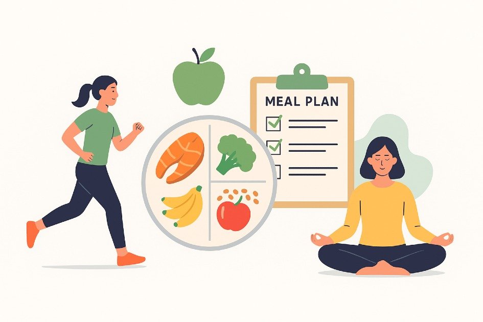 Healthy lifestyle habits supporting balanced nutrition, including exercise, meal planning, and mindfulness.
