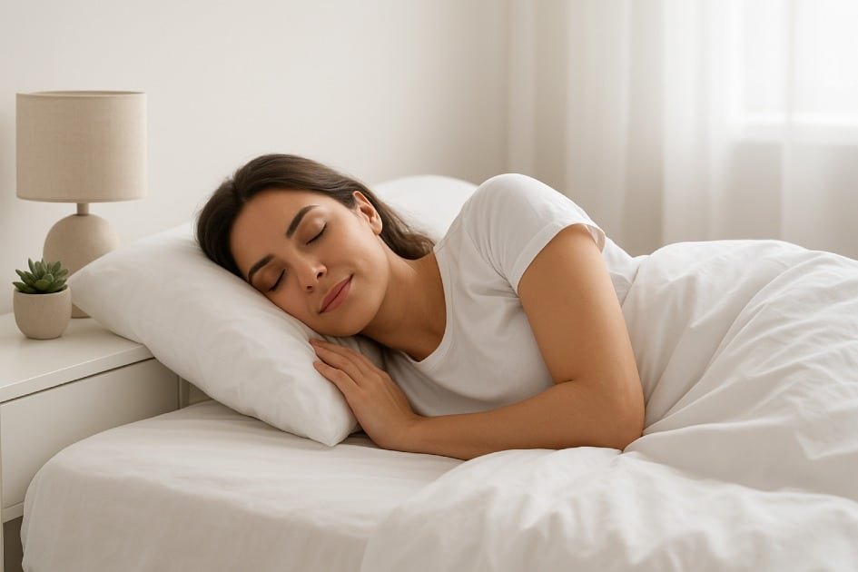 Peaceful bedroom with soft lighting representing lifestyle strategies for better sleep