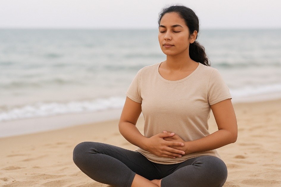 Woman meditating and observing her body signals for better health awareness