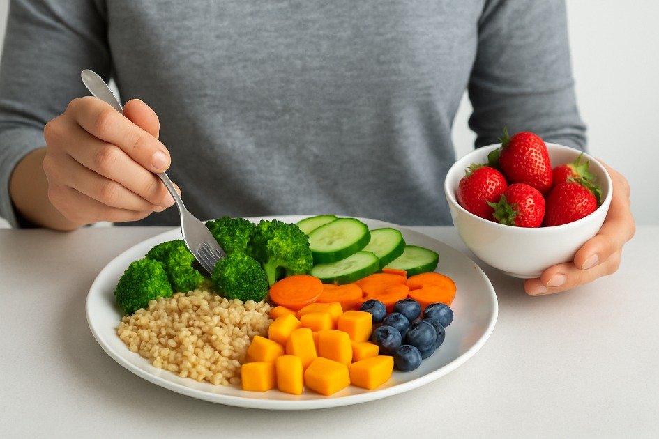 A person preparing a colorful balanced meal with fruits, vegetables, and whole grains symbolizing healthy eating habits for long-term success.