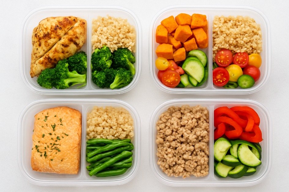 Colorful meal prep with balanced portions of proteins, carbs, and vegetables for healthy eating.