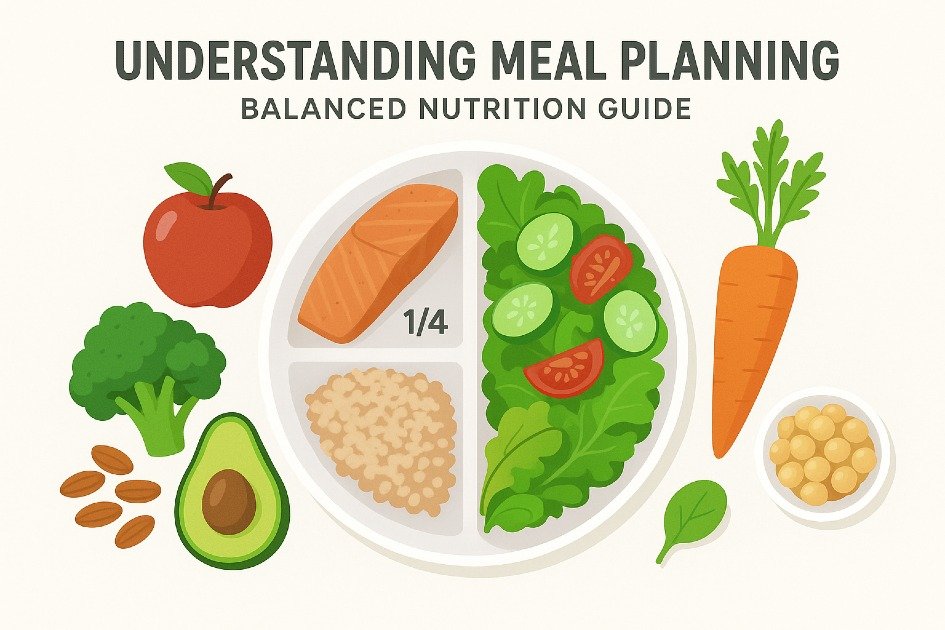 Healthy meal planning guide with balanced foods, fresh ingredients, and portioned meals for better nutrition.