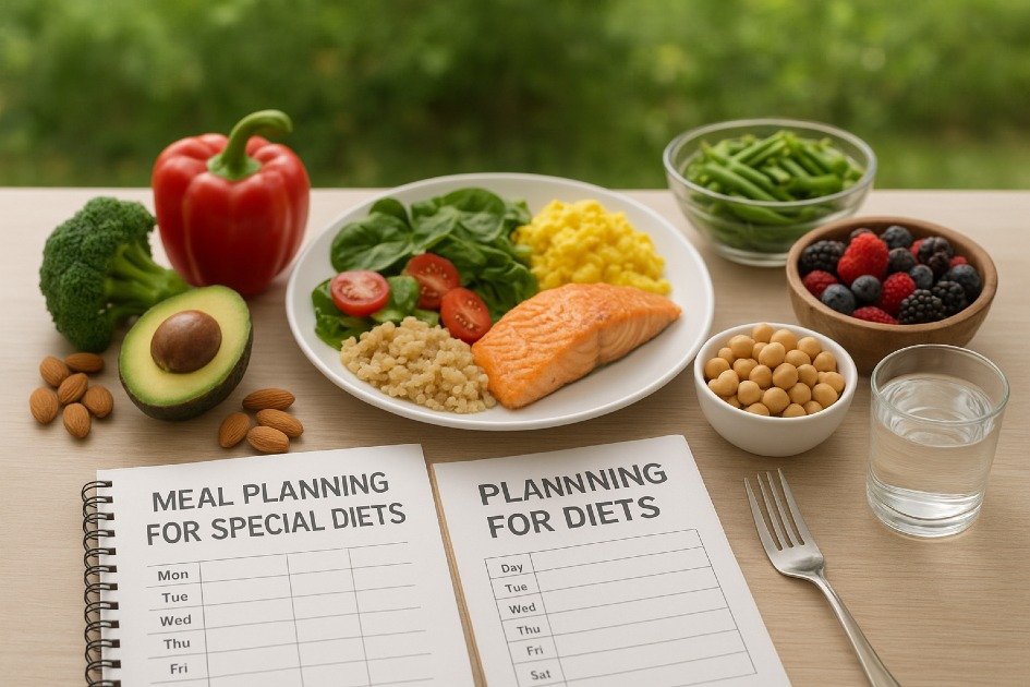 Balanced meal planning for special diets with healthy foods, fresh ingredients, and portion control on a kitchen table.
