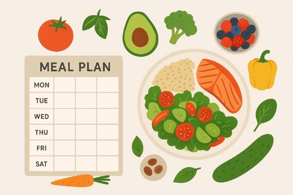 Healthy meal planning concept showing balanced meals, fresh ingredients, and weekly food schedule for better nutrition and wellness.