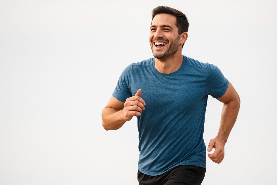 Person running outdoors with focus and joy, symbolizing mental clarity and emotional resilience from cardio exercise