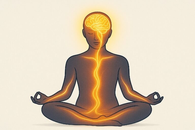 Person meditating with glowing brain and body energy flow, illustrating mind-body connection