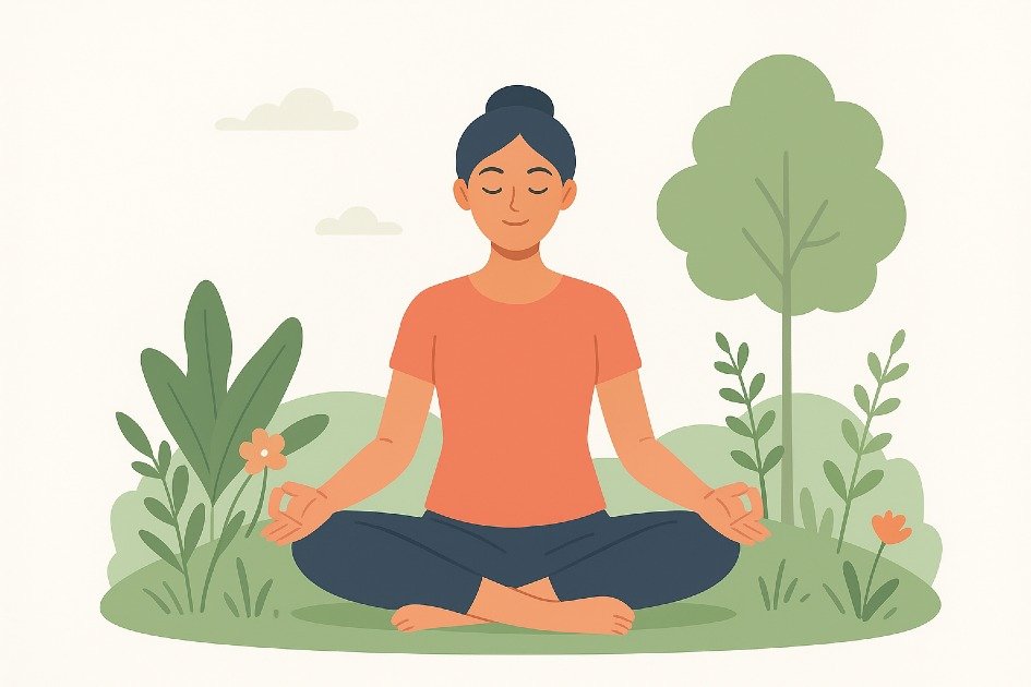 Person practicing mindfulness surrounded by calming nature, symbolizing mental health and emotional wellbeing
