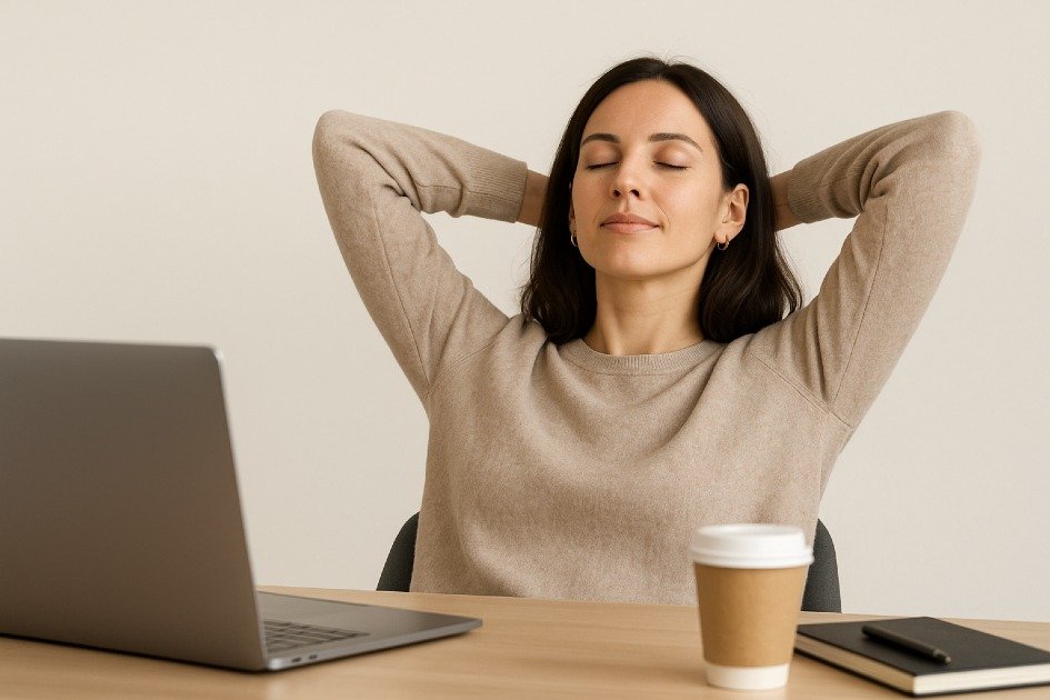Woman taking a mindful break at her desk to disconnect and recharge during midday.