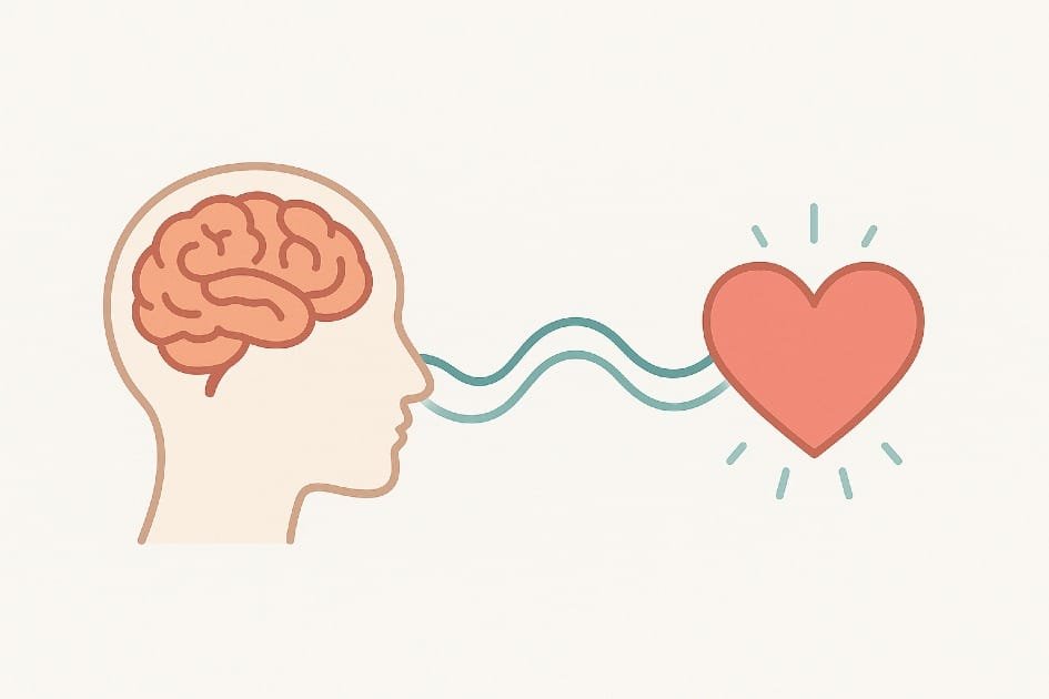 Holistic illustration showing the connection between mind and body with brain and heart energy flow.