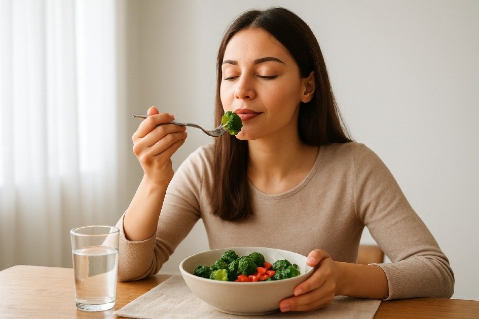Woman practicing mindful eating, savoring each bite of a healthy meal at a calm dining table with natural light.
