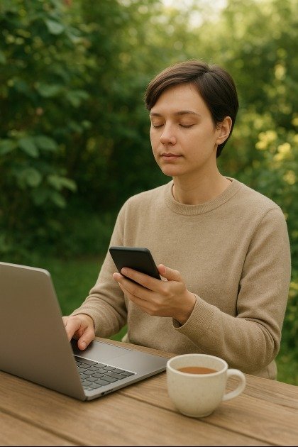 Person using a smartphone and laptop with calm focus, practicing mindful technology use.
