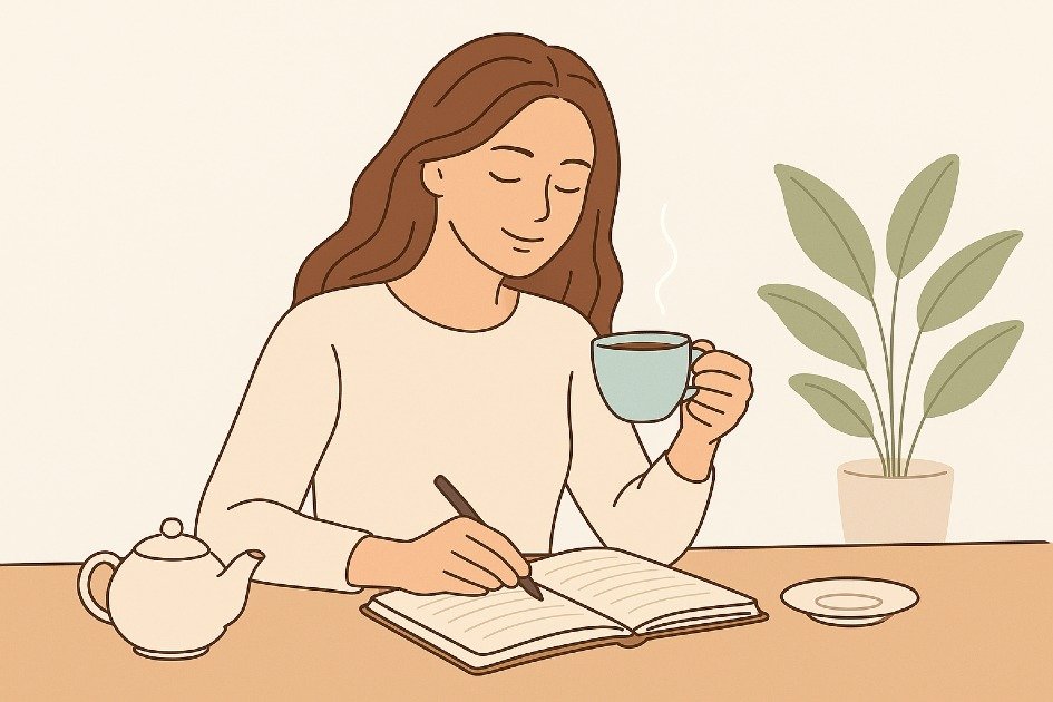 Woman enjoying a peaceful morning routine with tea and journaling, no screens in sight.
