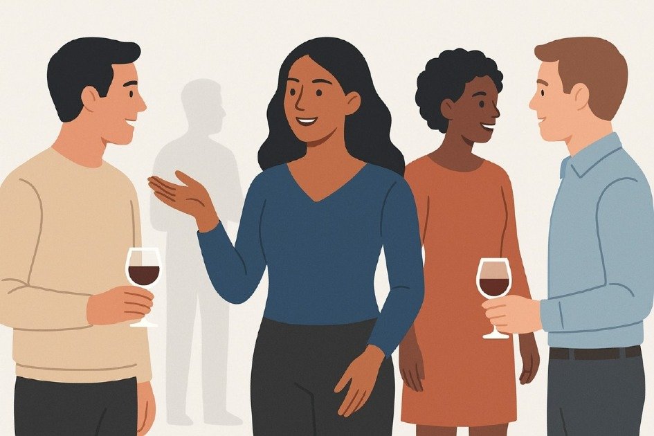 Confident person gracefully interacting in a social gathering, staying composed and engaged.