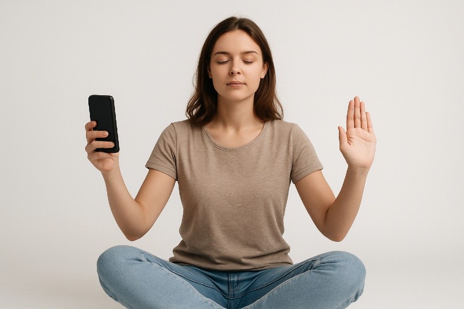 Woman taking a digital detox, overcoming phone addiction and stress