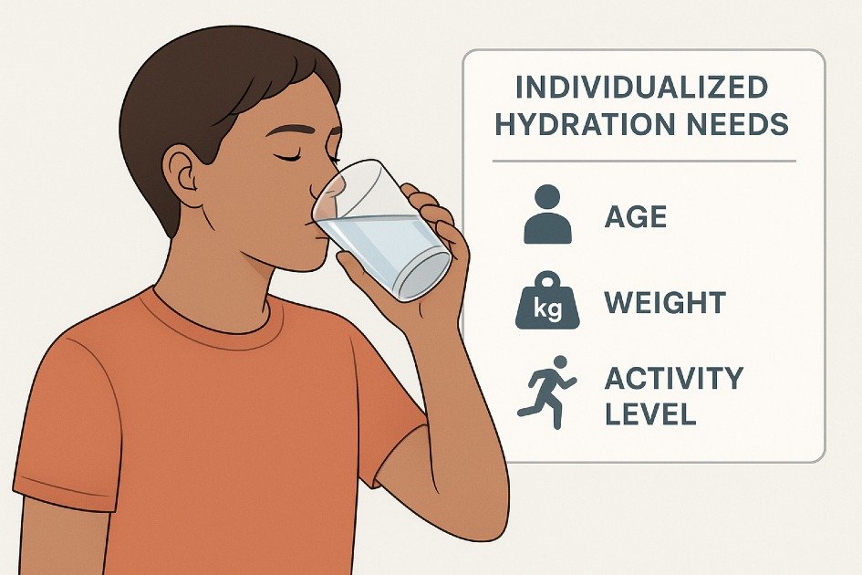 A person drinking water with a graphic showing individualized hydration needs based on age, weight, and activity level