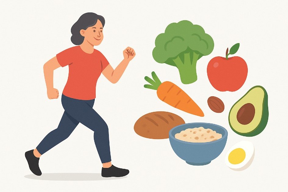 Active adult exercising with balanced healthy foods, illustrating nutrient needs for physical activity