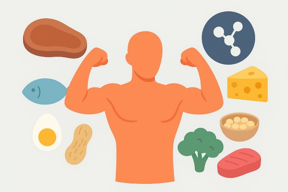 Healthy protein-rich foods fueling the human body for growth and energy