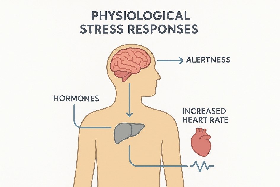 Illustration of the human brain and body showing physiological stress responses like cortisol release and heart rate increase