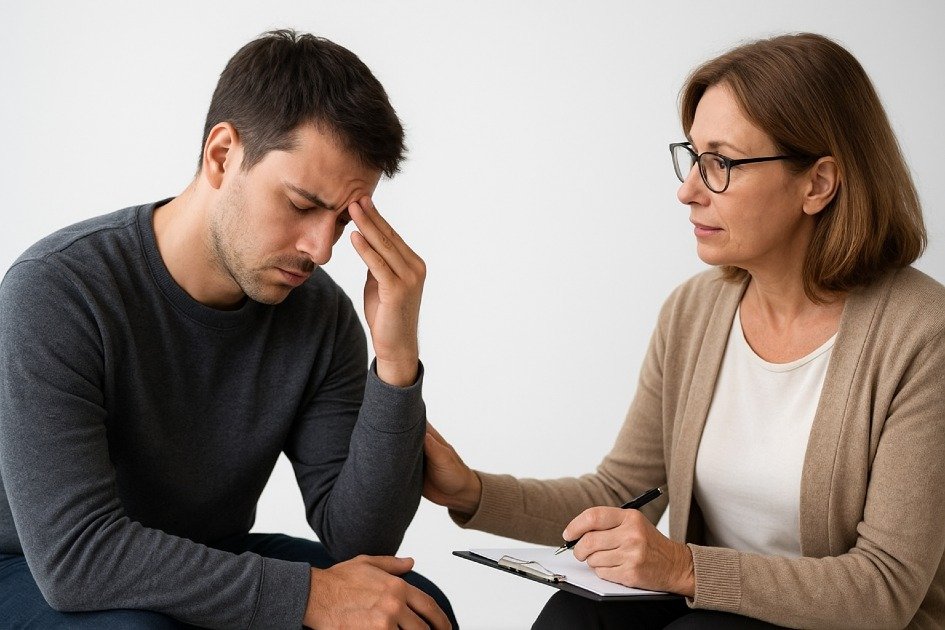 Person seeking support for hidden stressors with a trusted counselor