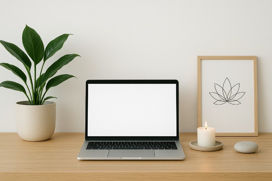 Minimalist workspace with calming elements symbolizing digital detox and mental clarity