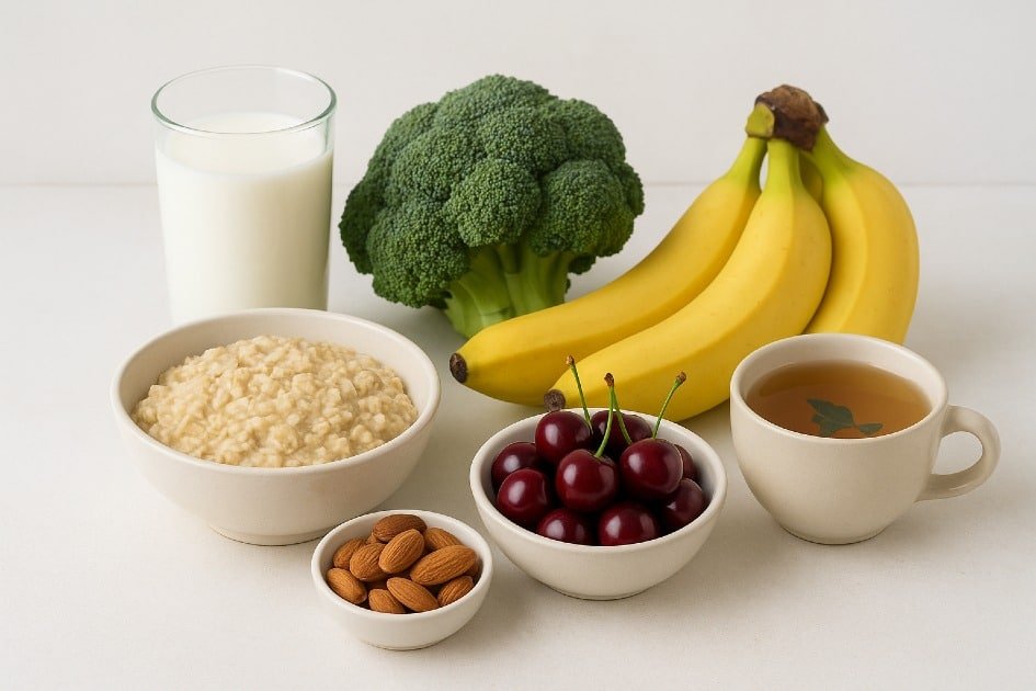 Nutritious foods and beverages that help improve sleep quality at night.