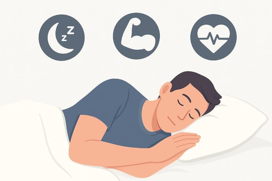 Person peacefully sleeping with overlay of fitness icons showing recovery and strength benefits