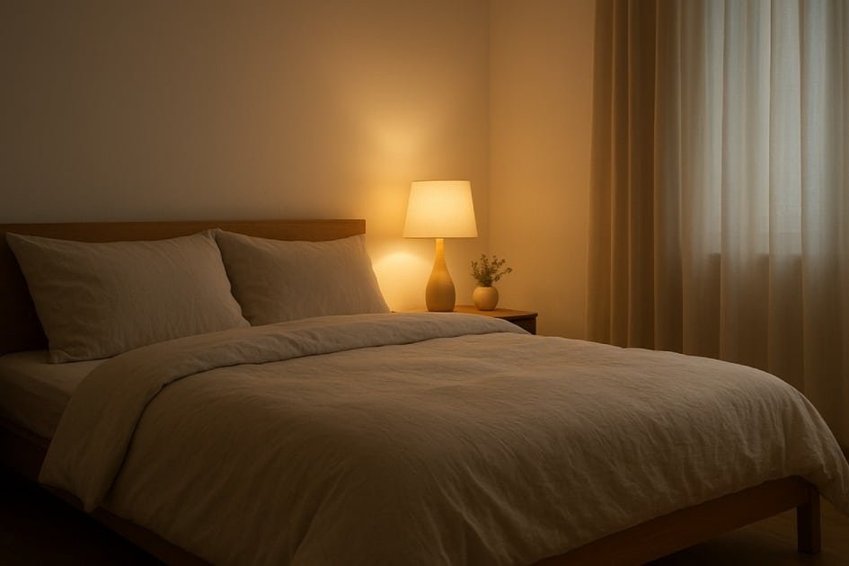 Peaceful bedroom setup with soft lighting and cozy bedding promoting quality sleep