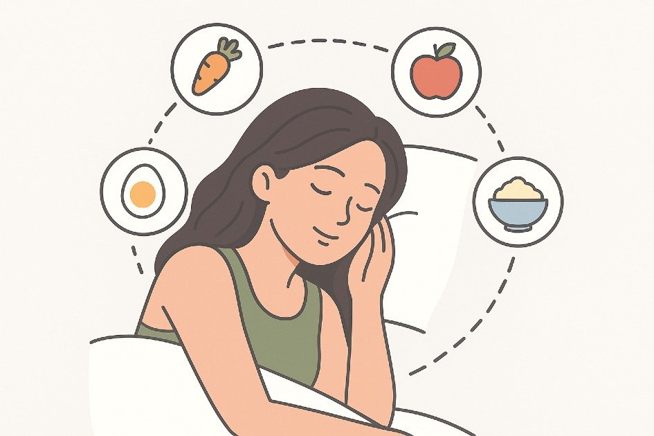 Healthy woman sleeping peacefully with balanced nutrition icons around her, highlighting sleep and diet connection