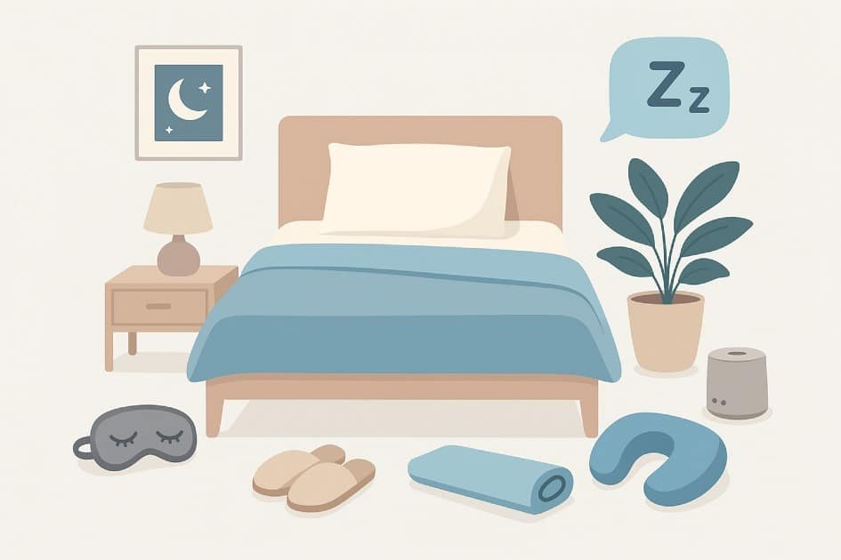 Relaxing bedroom with sleep tools and recovery techniques for optimal rest