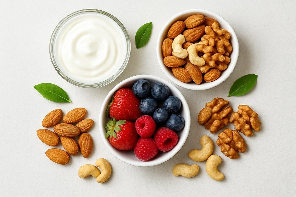 Healthy smart snacks like nuts, fruits, and yogurt for long-term energy and wellness
